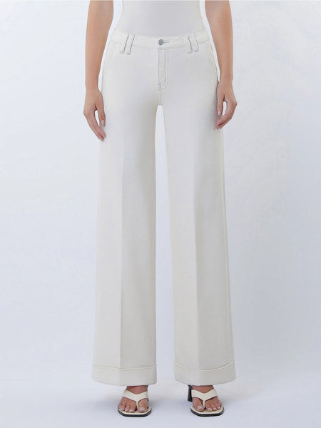 greer mid rise cuffed wide leg trouser jeans | ecru
