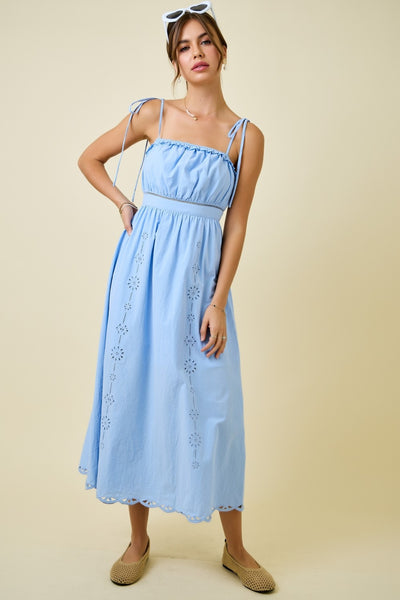 go with the glow embroidered lace trim sleeveless midi dress | powder blue