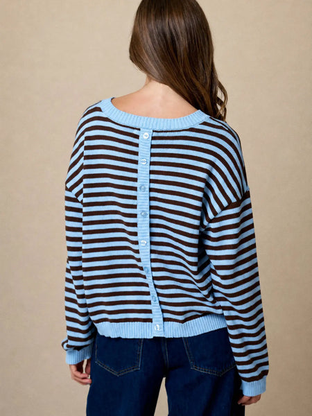 a better plan striped back button detail knit top | light blue