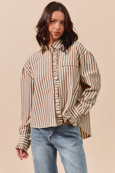told you so striped ruffle button down top | brown