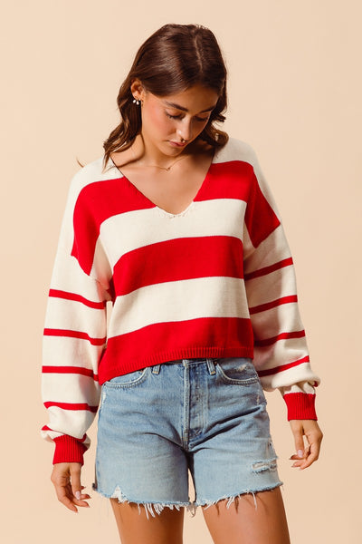 everything aligned striped knit sweater | red + ivory