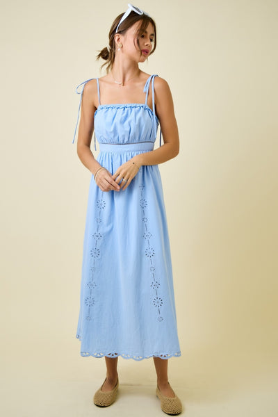 go with the glow embroidered lace trim sleeveless midi dress | powder blue