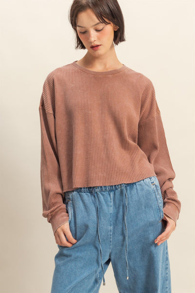 sweet applause mineral wash waffle knit top | chestnut