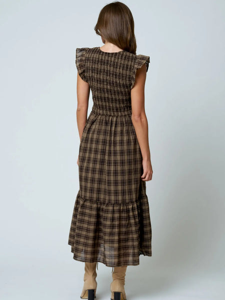nothing more to say plaid smocked midi dress  | brown