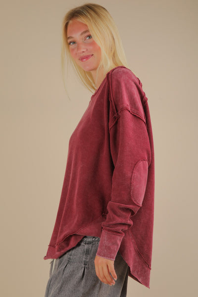 what's left to say mineral wash elbow patch knit top | burgundy