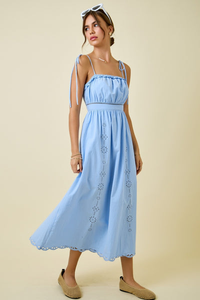 go with the glow embroidered lace trim sleeveless midi dress | powder blue