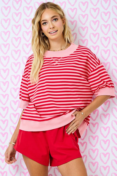 timeless type striped mock neck pullover | red + pink