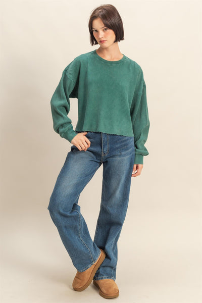 sweet applause mineral wash waffle knit top | deep green