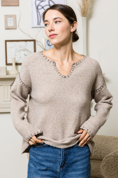 boho harmony blanket stitch sweater | taupe