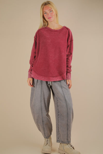 what's left to say mineral wash elbow patch knit top | burgundy