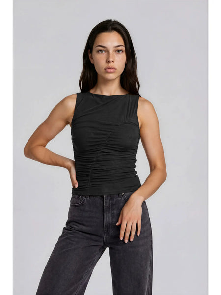 worth mentioning mesh boat neck ruched sleeveless top | black