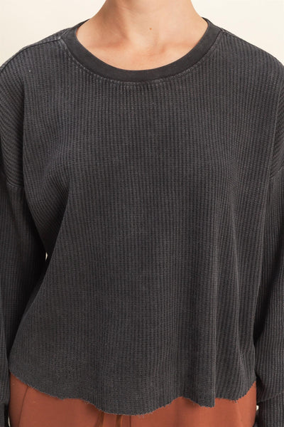 sweet applause mineral wash waffle knit top | black
