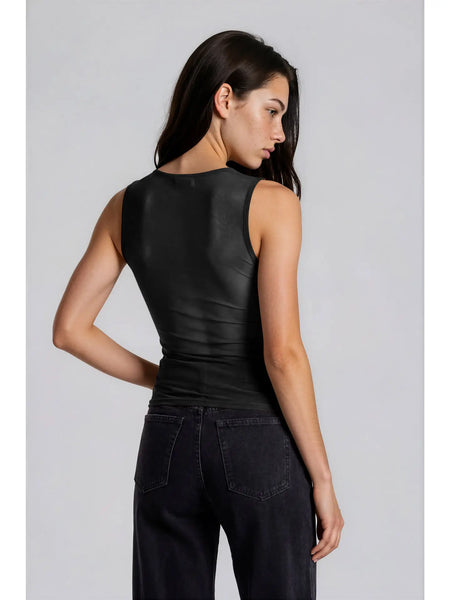 worth mentioning mesh boat neck ruched sleeveless top | black