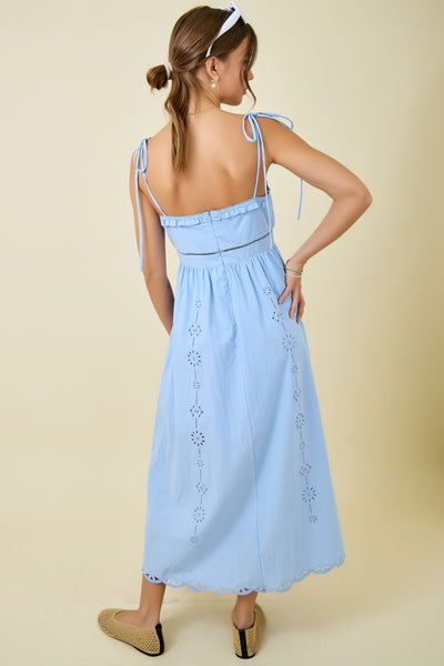 go with the glow embroidered lace trim sleeveless midi dress | powder blue