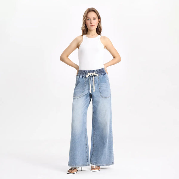 harlan high rise drawstring waist wide leg jeans | light blue