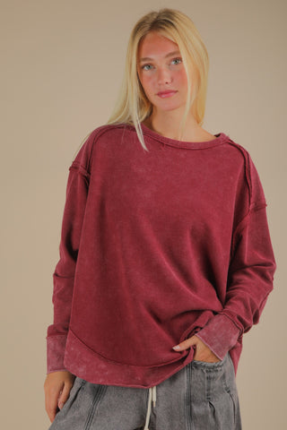 what's left to say mineral wash elbow patch knit top | burgundy