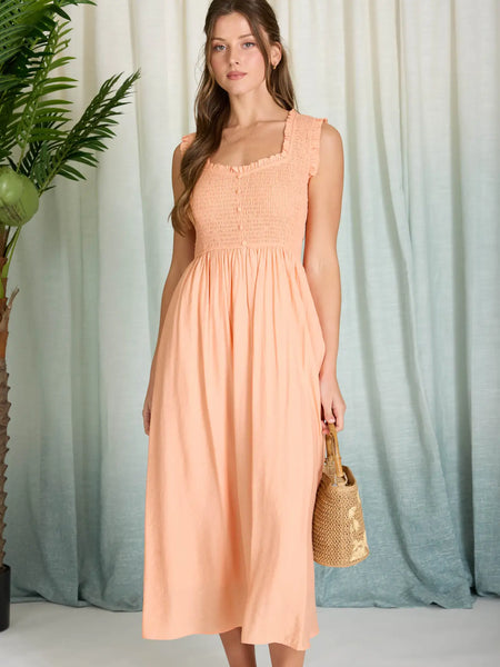 it just works smocked mock neck midi dress | light orange