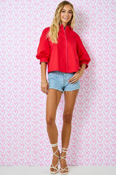 bright on arrival bubble sleeve button down top | red + pink