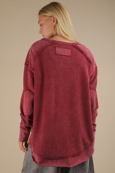 what's left to say mineral wash elbow patch knit top | burgundy
