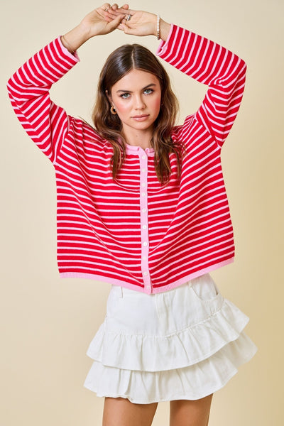 left it at that striped cardigan | pink + red