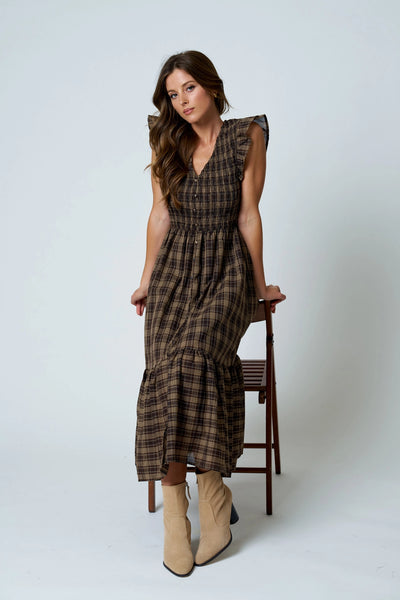 nothing more to say plaid smocked midi dress  | brown