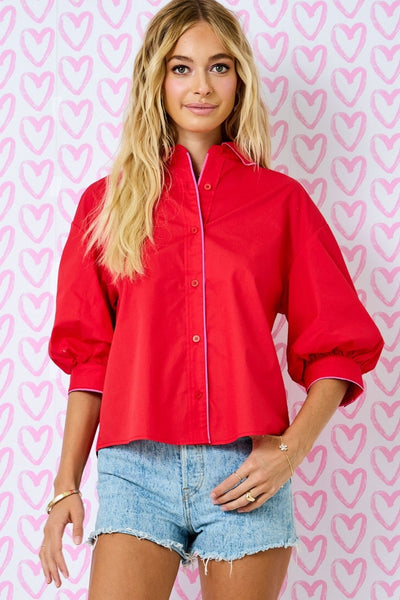 bright on arrival bubble sleeve button down top | red + pink