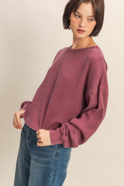 sweet applause mineral wash waffle knit top | dark cherry