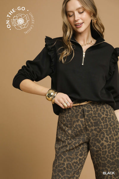 by the book luxe knit ruffle quarter zip pullover  | black