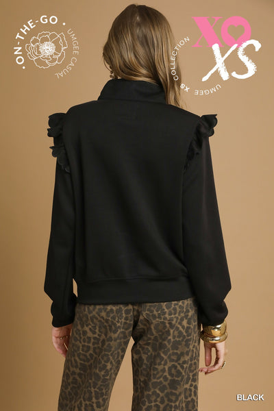 by the book luxe knit ruffle quarter zip pullover  | black