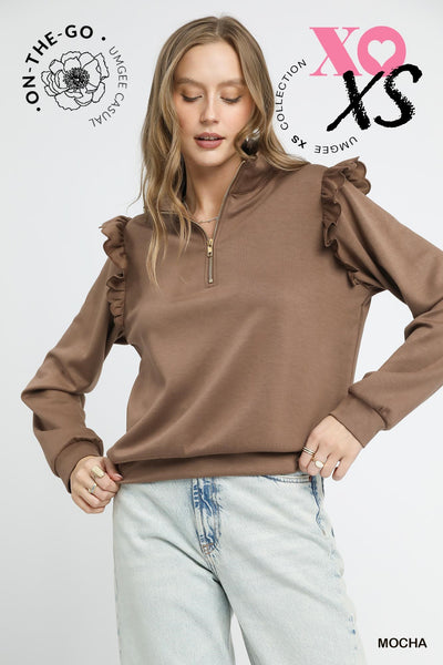 by the book luxe knit ruffle quarter zip pullover  | mocha