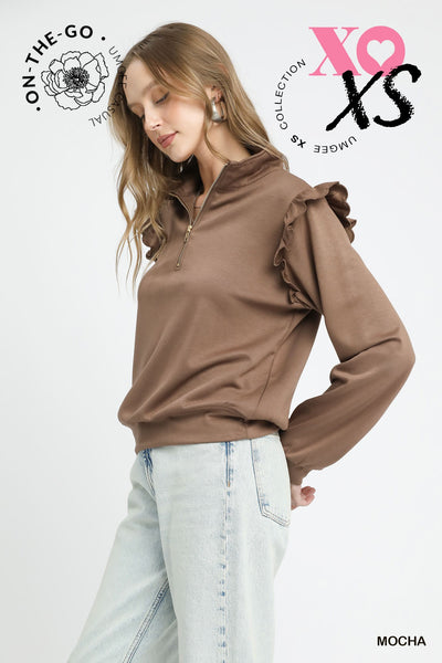 by the book luxe knit ruffle quarter zip pullover  | mocha