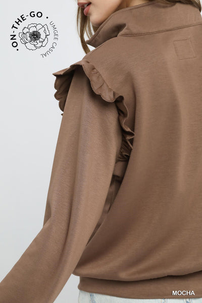by the book luxe knit ruffle quarter zip pullover  | mocha