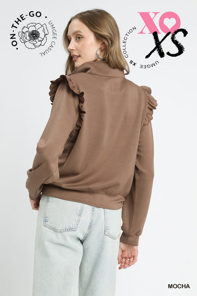 by the book luxe knit ruffle quarter zip pullover  | mocha