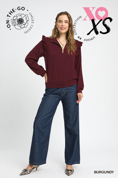 by the book luxe knit ruffle quarter zip pullover | burgundy