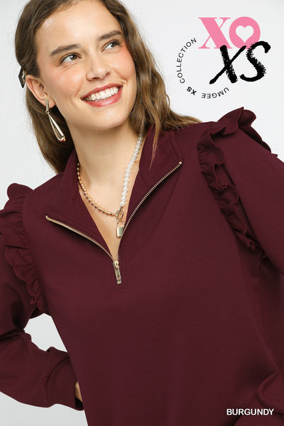 by the book luxe knit ruffle quarter zip pullover | burgundy
