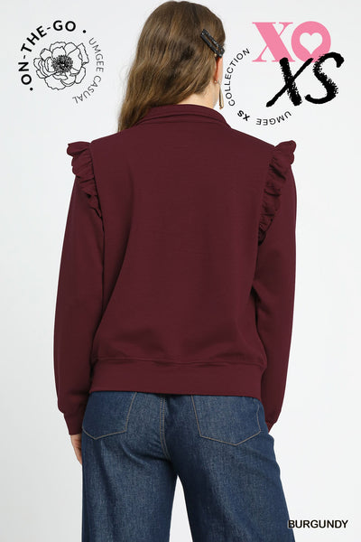 by the book luxe knit ruffle quarter zip pullover | burgundy