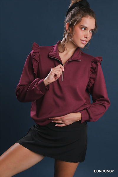 by the book luxe knit ruffle quarter zip pullover | burgundy