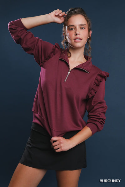 by the book luxe knit ruffle quarter zip pullover | burgundy