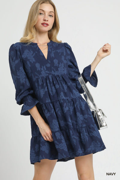 set the tone jacquard tiered babydoll dress | navy