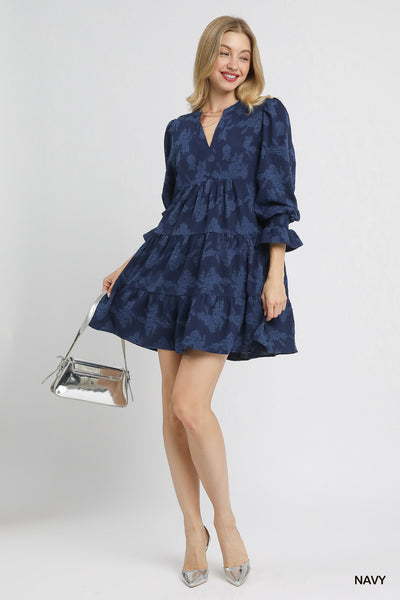 set the tone jacquard tiered babydoll dress | navy