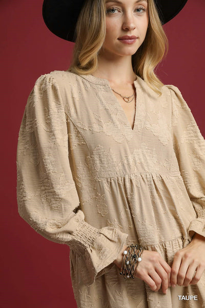 set the tone jacquard tiered babydoll dress | taupe