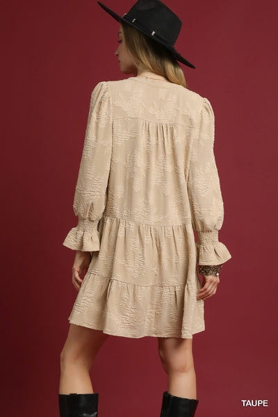 set the tone jacquard tiered babydoll dress | taupe
