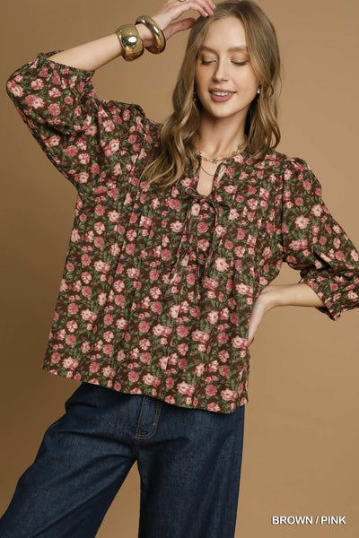 softly stated vintage floral pintuck top | brown + pink
