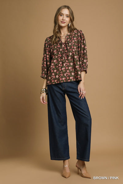 softly stated vintage floral pintuck top | brown + pink