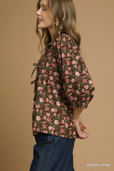 softly stated vintage floral pintuck top | brown + pink