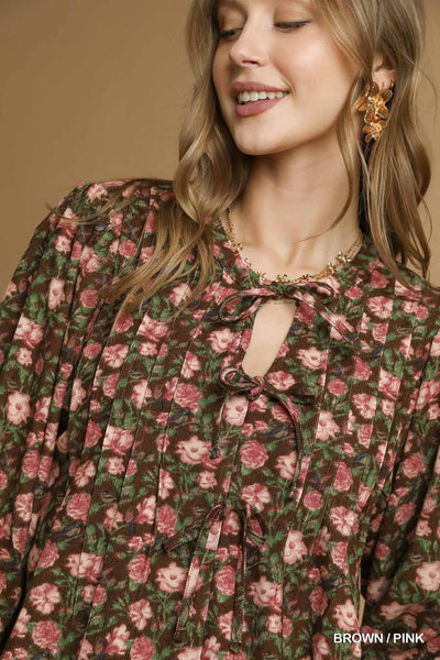 softly stated vintage floral pintuck top | brown + pink