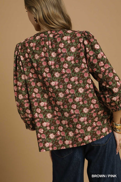 softly stated vintage floral pintuck top | brown + pink