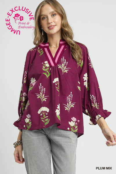 live in the moment floral contrast trim top | plum