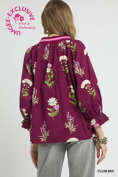 live in the moment floral contrast trim top | plum