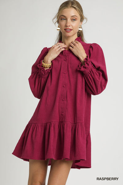 taking it all in corduroy dress | raspberry